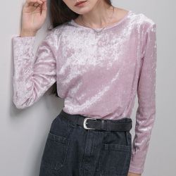 日本 Bab - 柔軟光澤時尚天鵝絨長袖上衣-粉紅