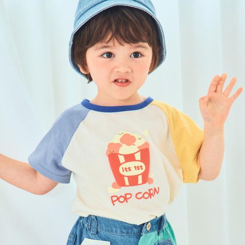 韓國 First Blue - POPCORN短袖上衣-灰紫X黃