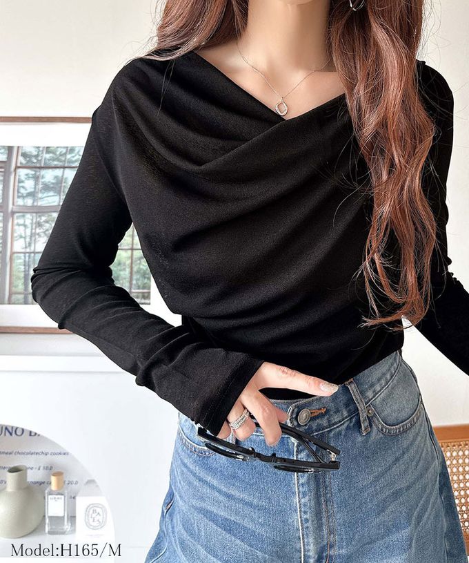 日本 Classical Elf - 柔美皺摺顯瘦V領薄長袖上衣-象牙白