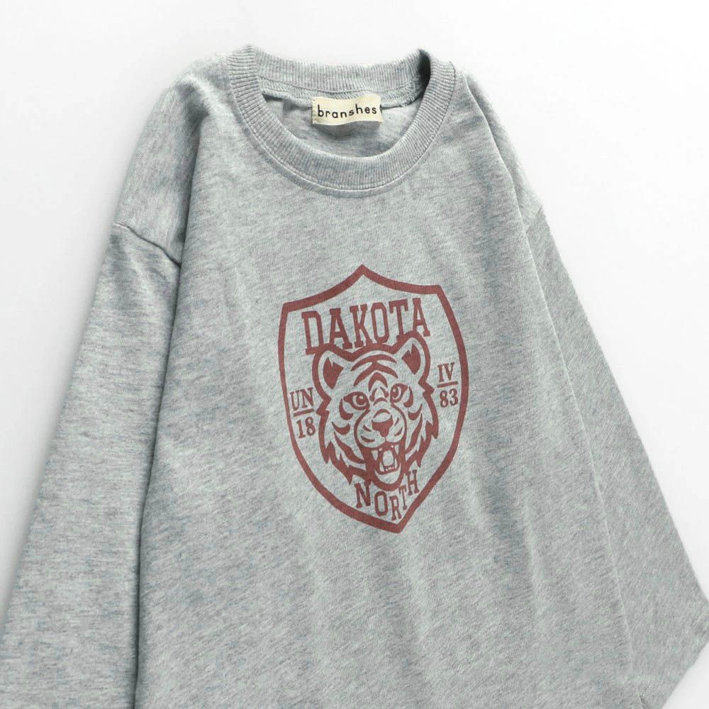 100%棉 落肩印花長袖上衣-老虎-淺灰