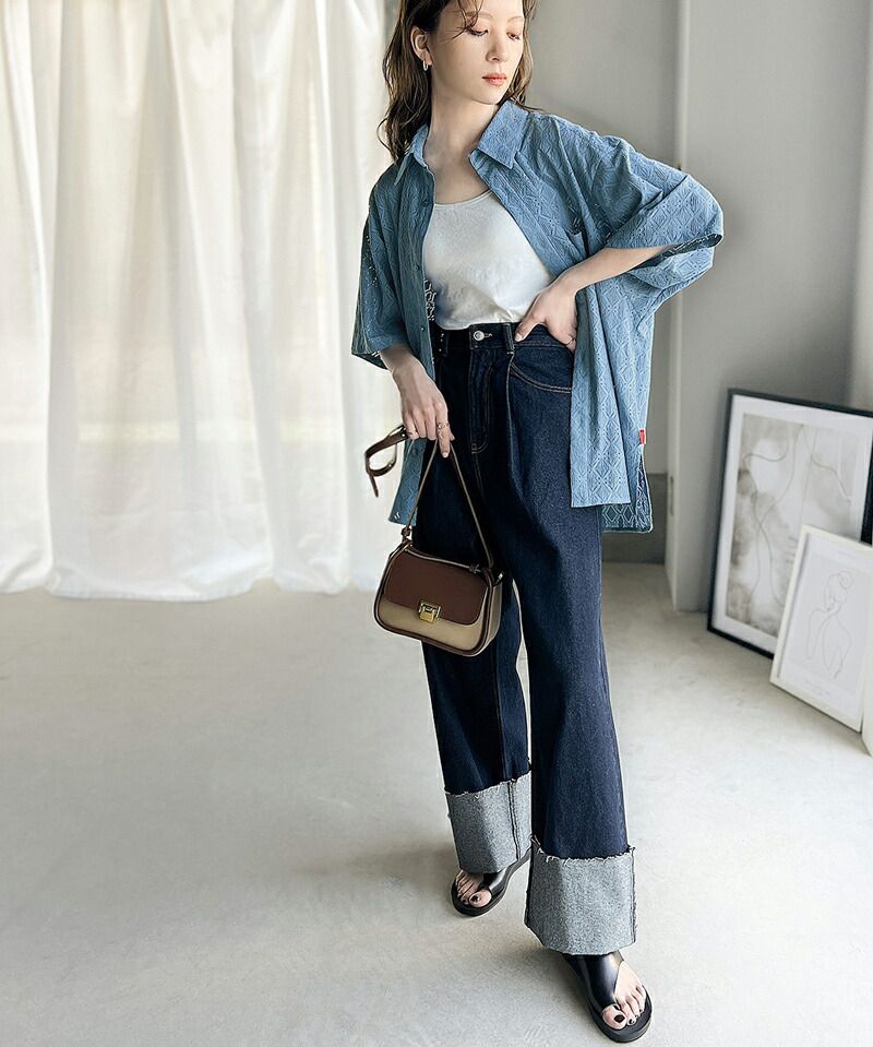 日本 Classical Elf - 優雅幾何蕾絲短袖襯衫-淺灰