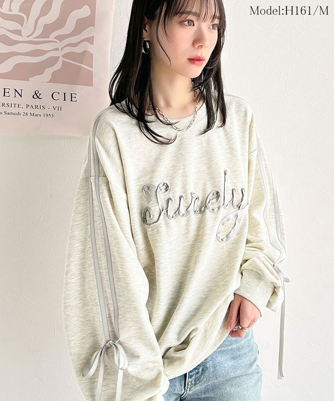 日本 Classical Elf - mily bilet 甜美袖蝴蝶結立體logo上衣-灰緞帶-燕麥灰