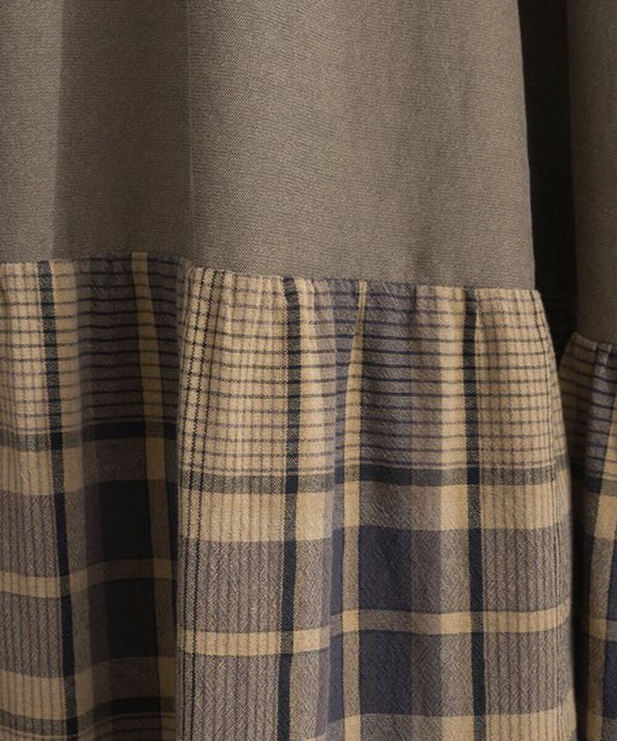 日本 Lupilien - 復古學院風 撞色格子拼接短袖洋裝-咖啡棕