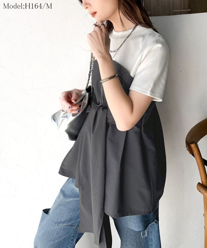 日本 Classical Elf - 時尚顯瘦綁帶拼接風短袖上衣-白x淺灰