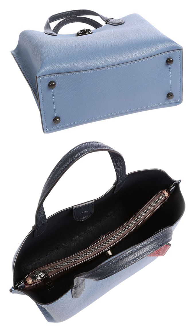 COACH - 璇釦皮革素面托特包 (藍色)