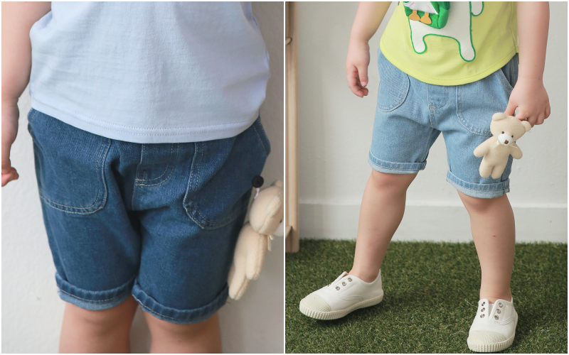 韓國 Coco rabbit - 鬆緊腰牛仔短褲-恐龍娃娃-深藍