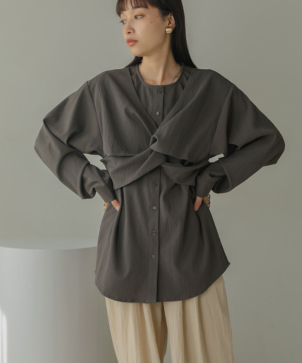 日本 Bab - 時尚扭結設計長袖襯衫-淺綠