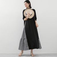 Yukié - 氣質顯瘦A字五分袖長洋裝-側拼接格子-黑色