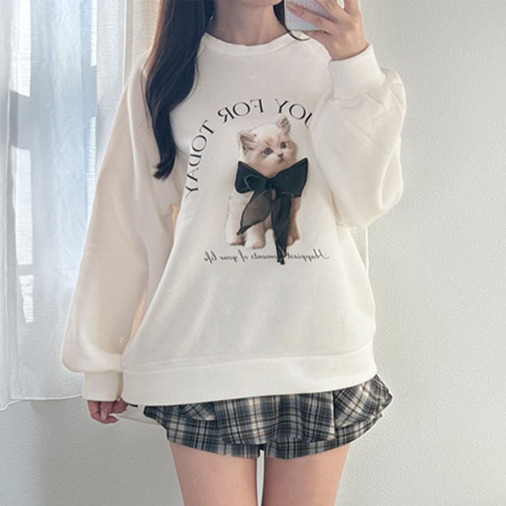 薄紗蝴蝶結貓咪印花長袖上衣-象牙白 (F)