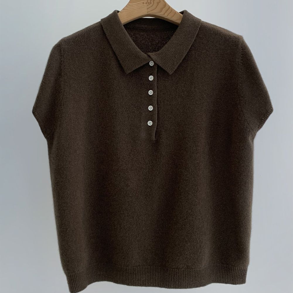 翻領小釦羊毛混織短袖上衣-可可棕 (FREE)