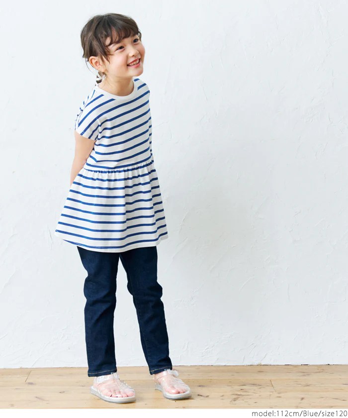 日本 COCA - 橫條紋簡約休閒短袖上衣-孩子-藍