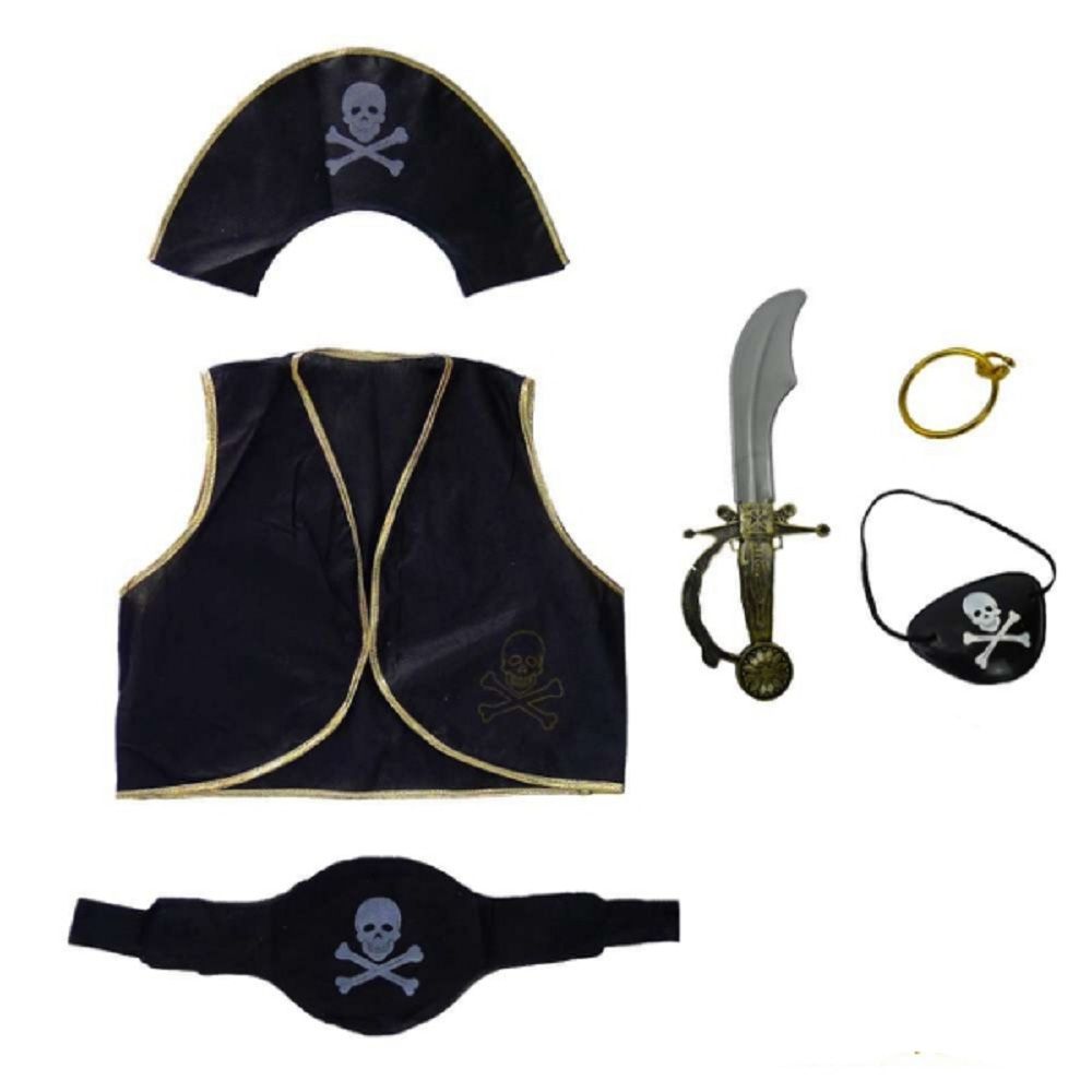 MODACore 摩達客 - 萬聖節聖誕派對-少年兒童小海盜派對六件組(帽+背心+眼罩+腰帶+刀+小袋)-一組六件組