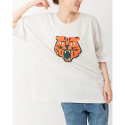 日本 gleam - 逗趣老虎相良刺繡寬大風短袖T恤-橘老虎-燕麥灰