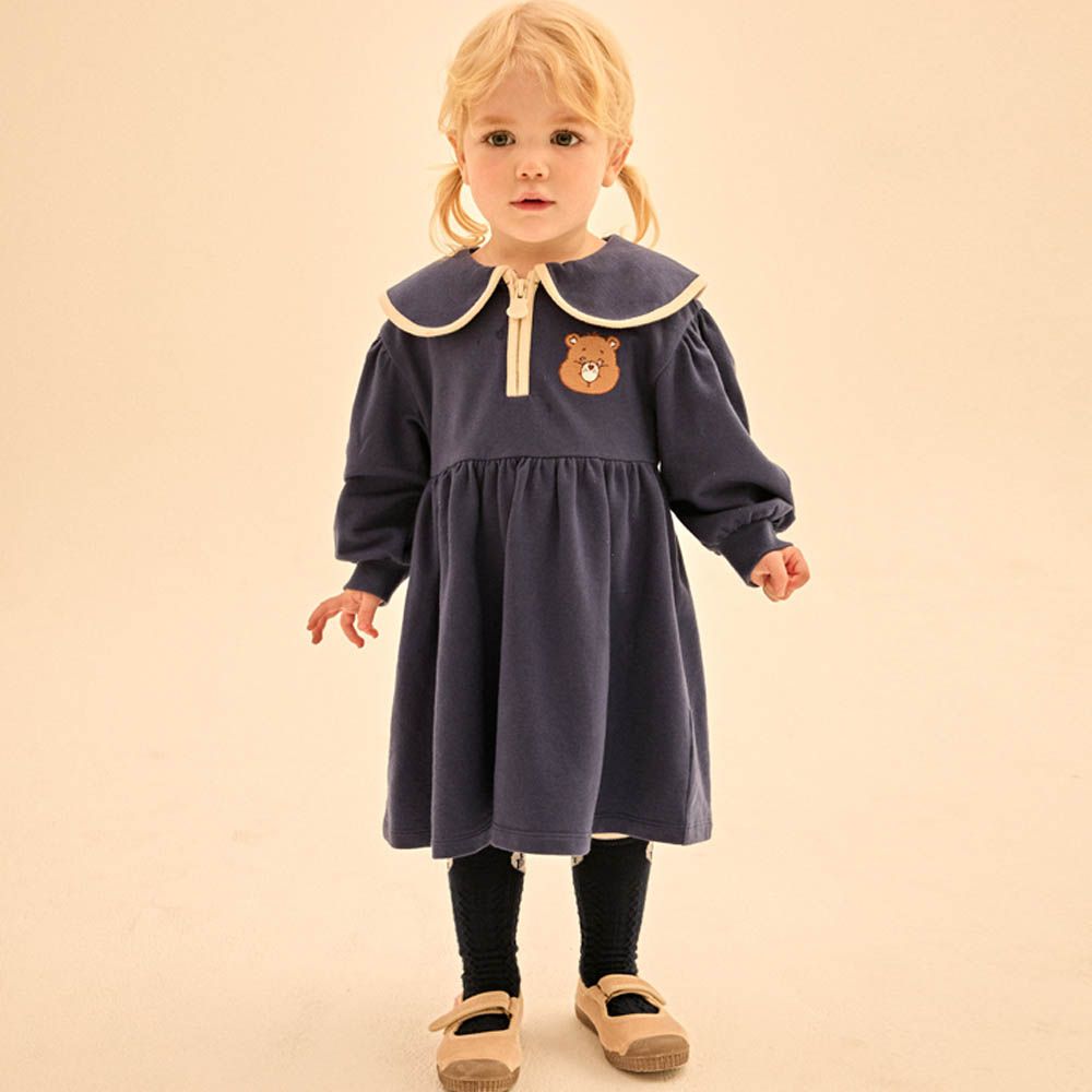 聯名款刺繡熊點綴水手翻領長袖洋裝-海軍藍