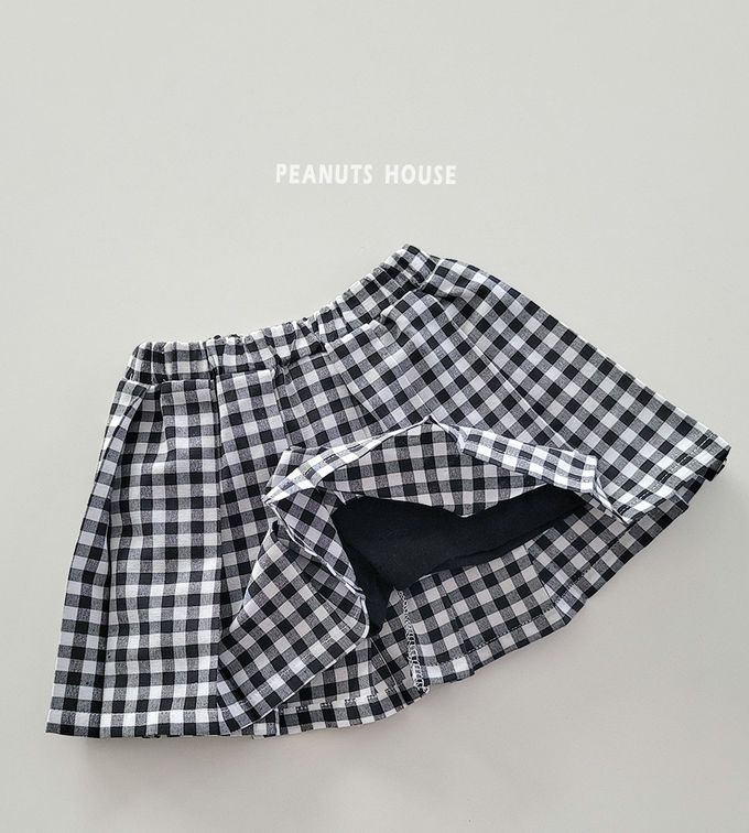 韓國 Peanuts House - 鬆緊腰小格打褶褲裙-黑X白
