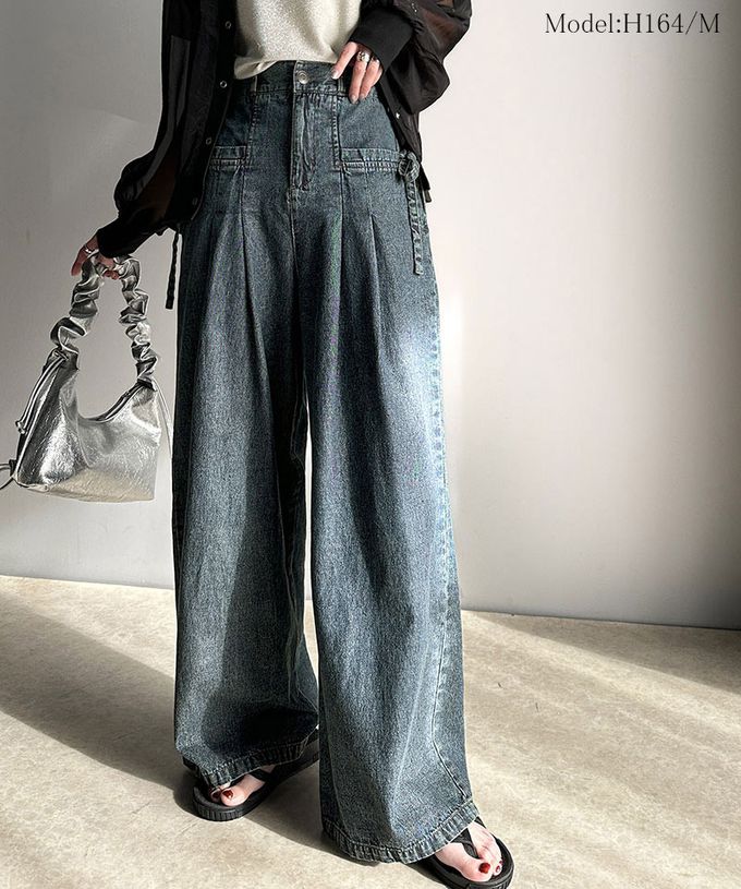 日本 Classical Elf - 側蝴蝶結純棉丹寧摺線寬褲-(環保材質)-淺藍