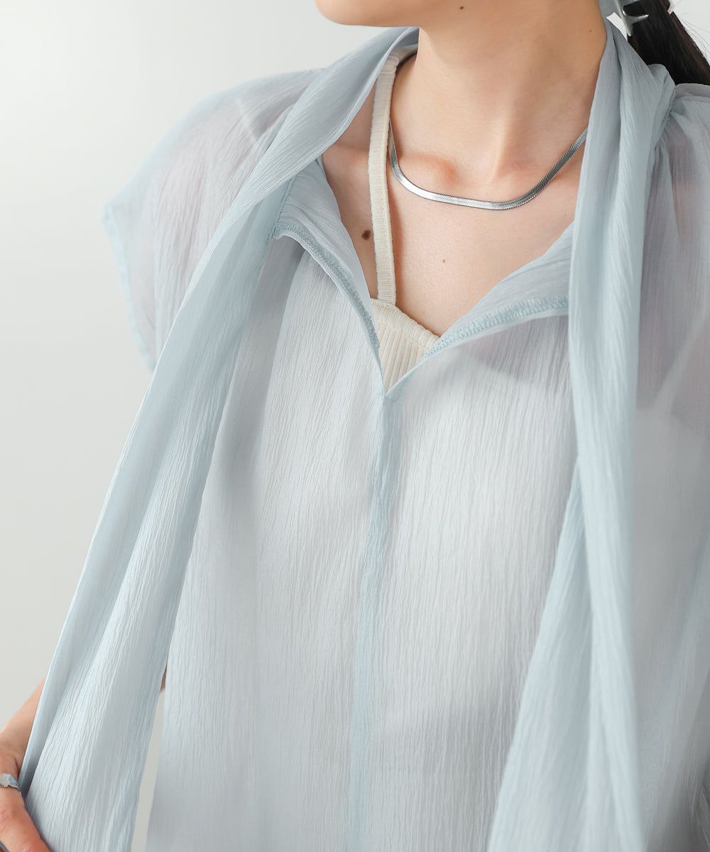 日本 Bab - 歐根紗紐結法式袖上衣-白