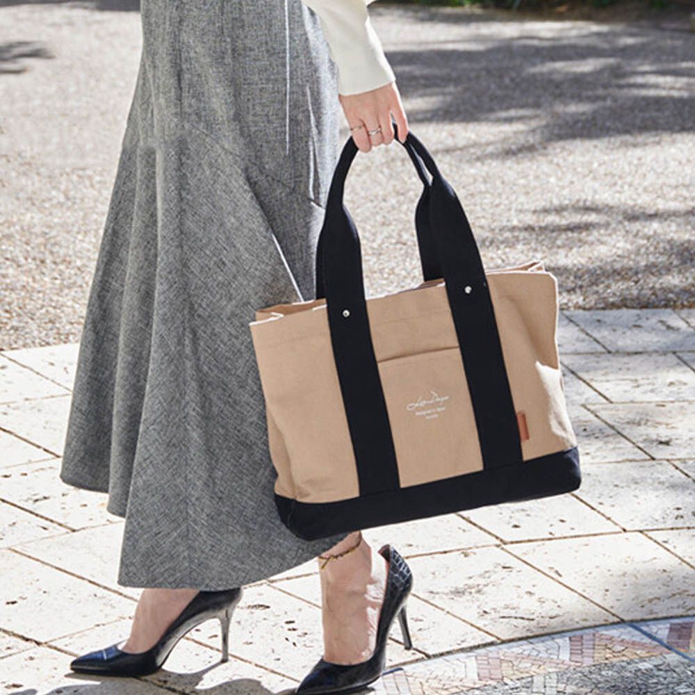 大容量多夾層帆布托特包(底部IC卡設計)-淺棕x黑 (36x26x13cm)