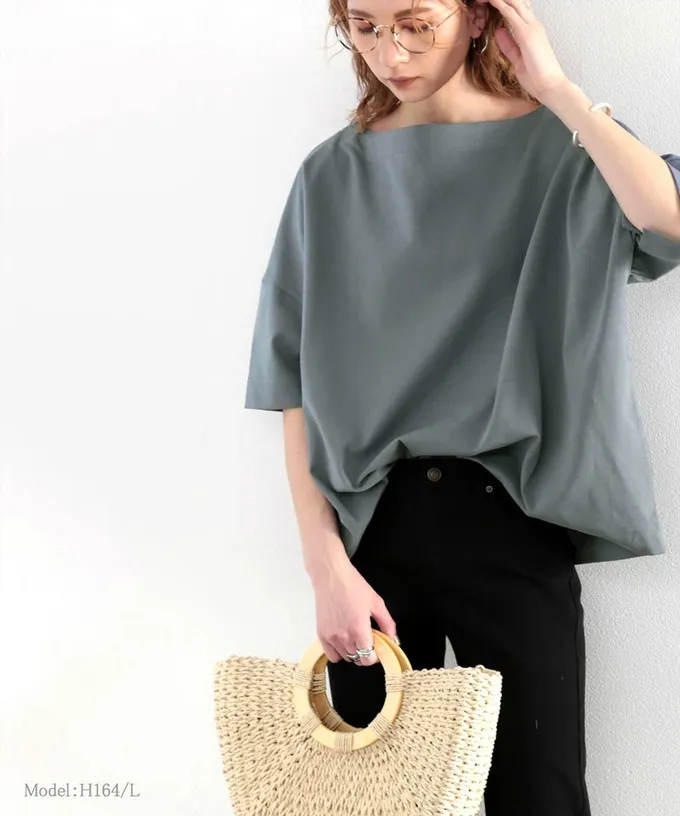 日本 Classical Elf - 船領顯瘦落肩五分袖上衣-灰棕