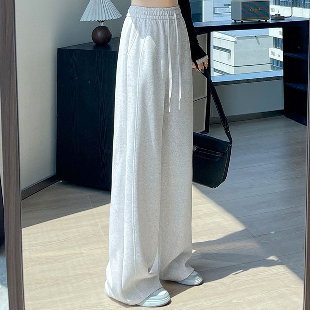 顯瘦修身運動休閒直筒闊腿褲-白灰