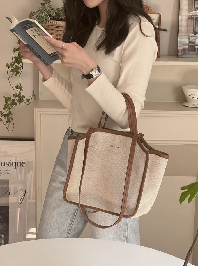 韓國 THEALLY - (附小袋)質挺帆布方包手提/肩背包-奶油黃 (中)