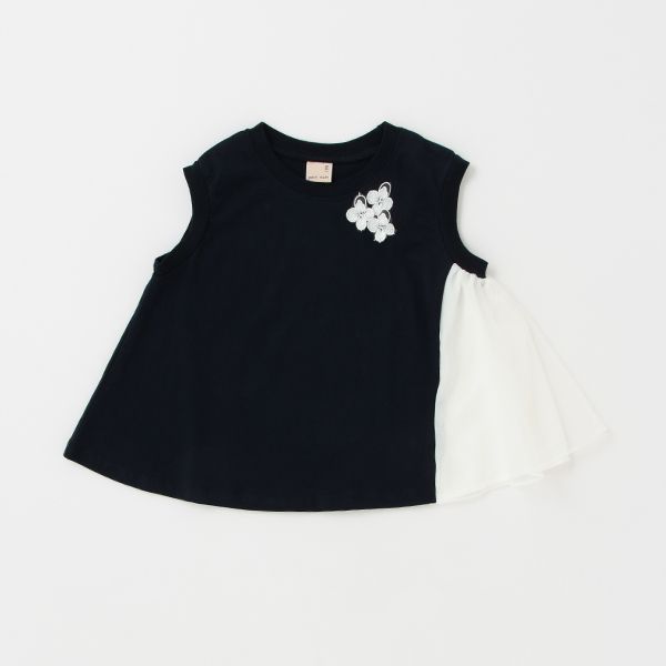 日本 petit main - 小花薄紗拼接A line無袖上衣-淺綠