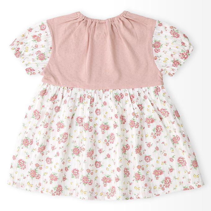 日本 ZOOLAND - 甜美花卉胸前蕾絲短袖洋裝-鵝黃