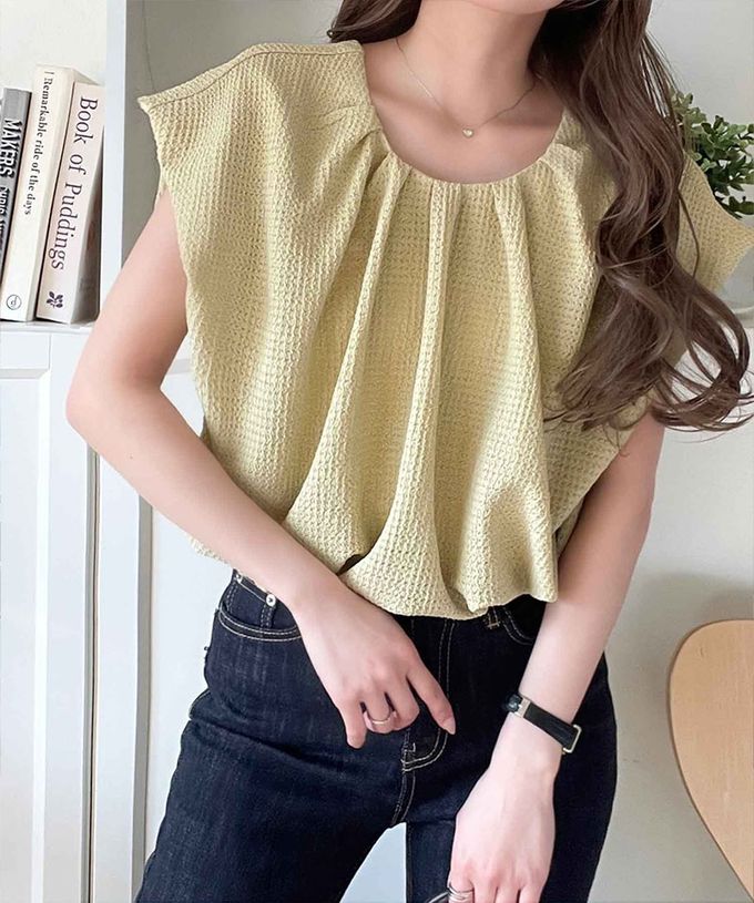 日本 Classical Elf - 前後2way甜美摺邊紋理短袖上衣-萊姆黃