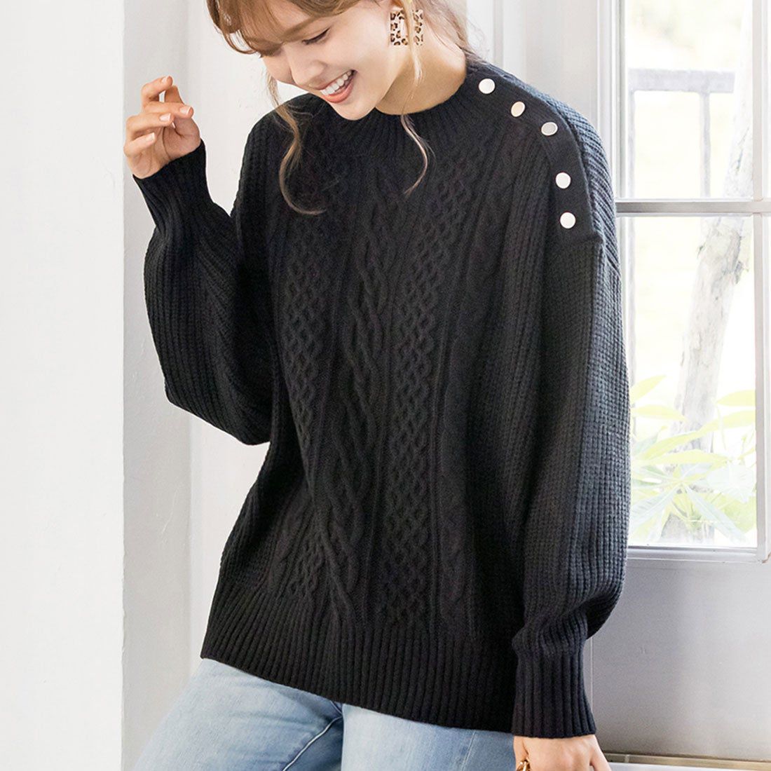 日本 BELLUNA - 金釦裝飾麻花編織毛衣-深藍