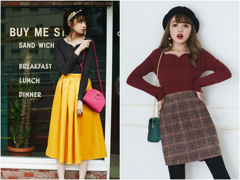 日本 GRL - 花朵領口修身長袖上衣-波爾多酒紅