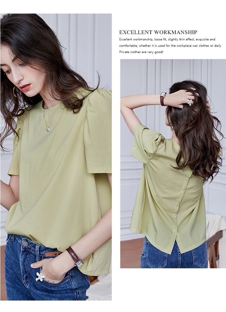 反轉設計圓領短袖上衣-背面鈕扣-黑灰色