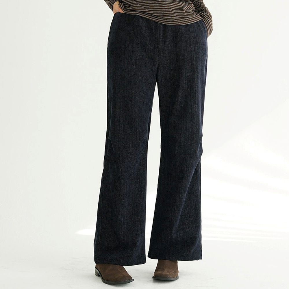 Domingoblue 鬆緊腰絨面磨毛感膝蓋抓褶長褲-深藍