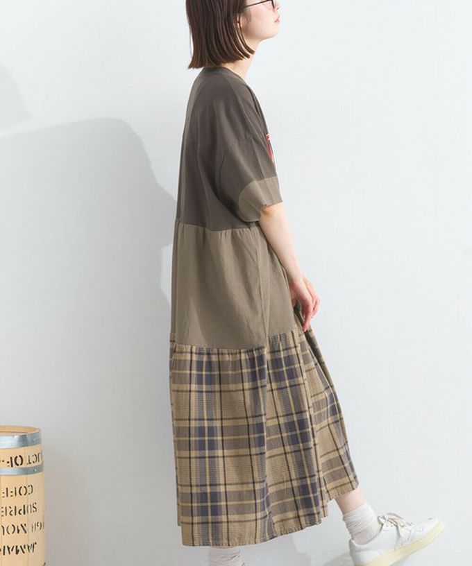 日本 Lupilien - 復古學院風 撞色格子拼接短袖洋裝-藍綠