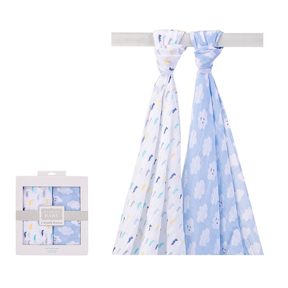 美國 Luvable Friends - 甜蜜寶貝多用途嬰兒棉紗包巾2入禮盒組-水藍白雲