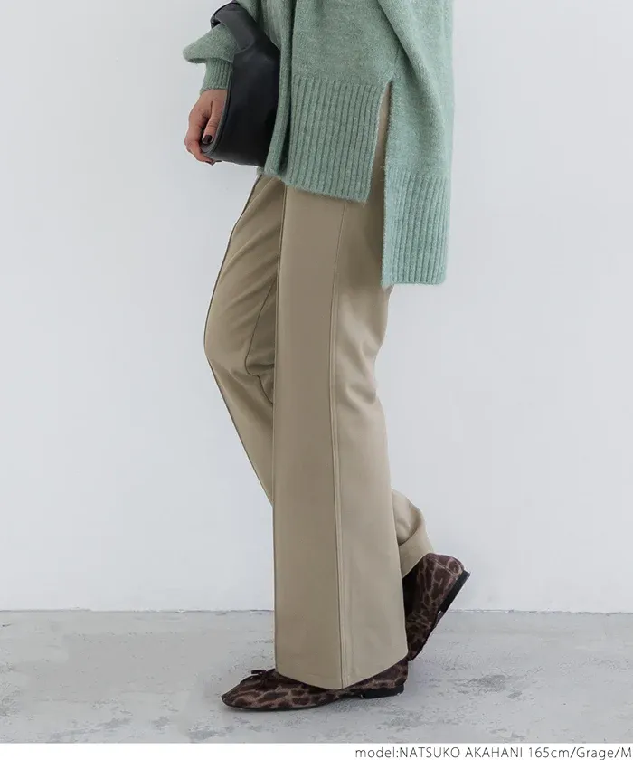 日本 COCA - 裏起毛摺線美腿微喇叭褲-黑