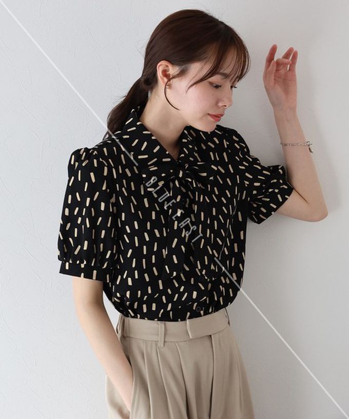 日本 BLUE EAST - 氣質蝴蝶結雪紡小澎袖襯衫-深藍