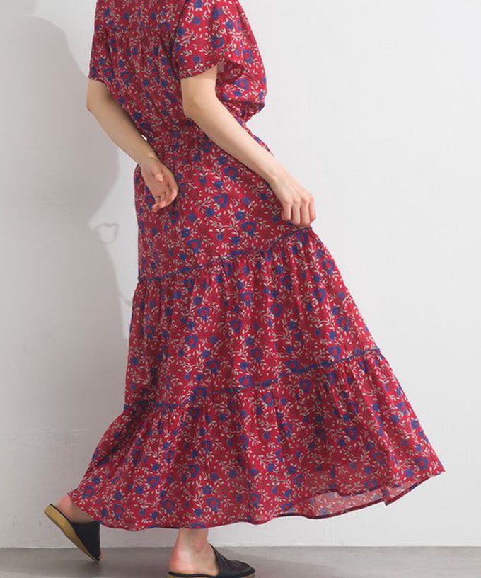 日本 Lupilien - 100%印度棉 華奢滿版印花分層長裙-綠系