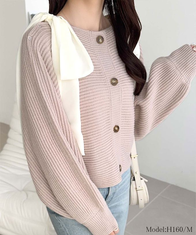 日本 Classical Elf - mily bilet 露肩甜美大蝴蝶結羅紋開襟衫-藕粉