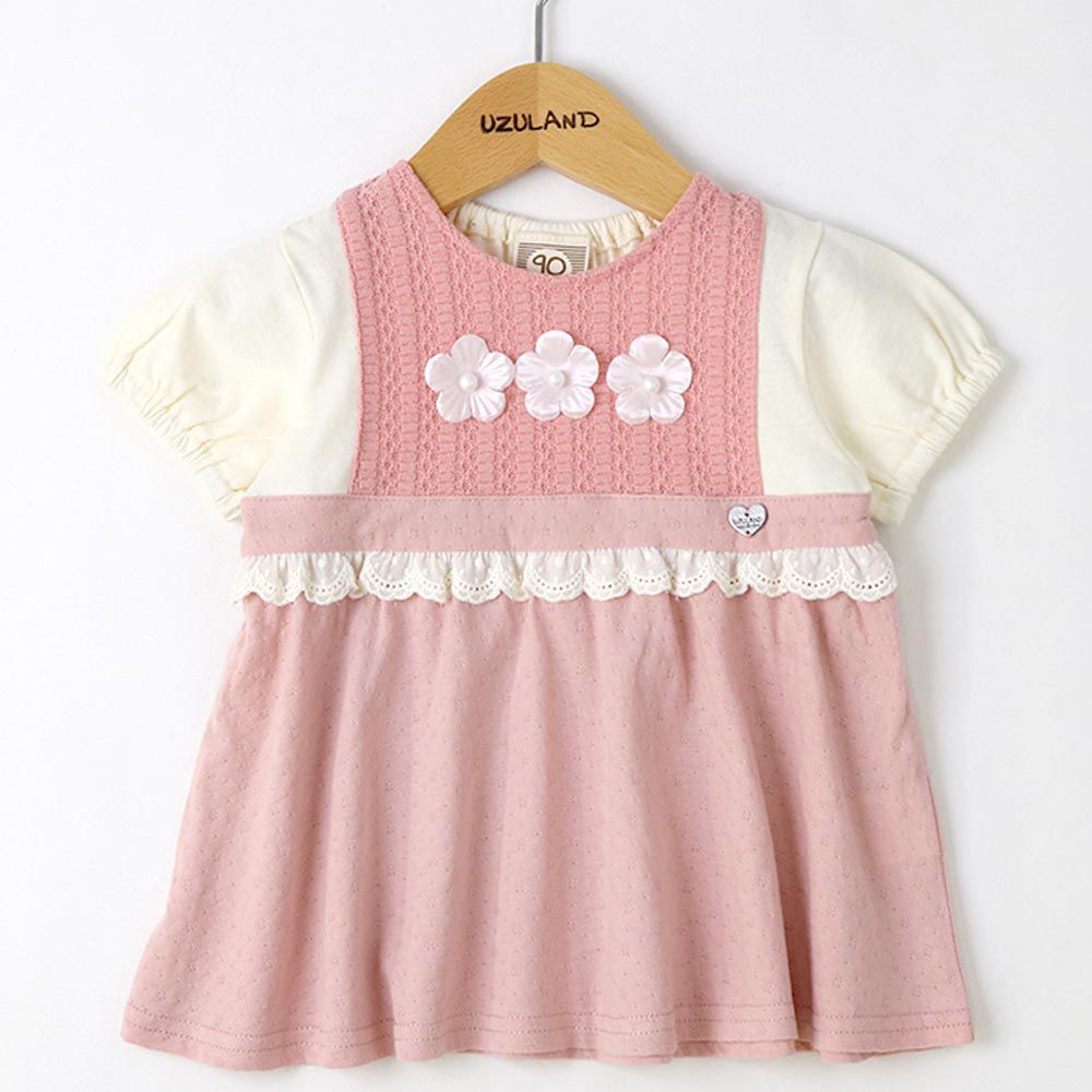 日本 ZOOLAND - 天竺棉親膚拼接風短袖上衣-立體貼花-粉紅