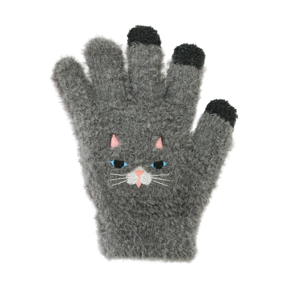 日本 TOMO - 兒童可觸控短絨保暖手套-灰貓-深灰