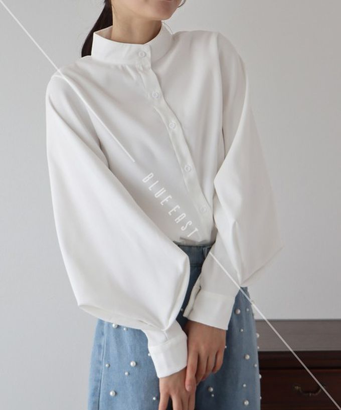 日本 BLUE EAST - 知性小立領澎澎氣球袖襯衫-黑