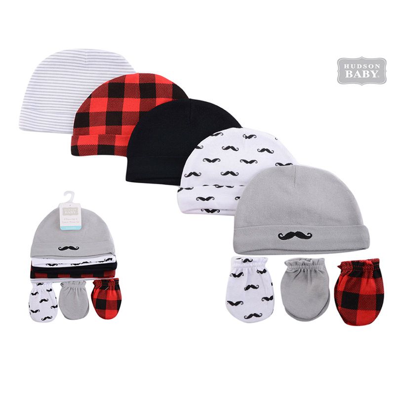 美國 Luvable Friends - 甜蜜寶貝100%純棉新生兒棉帽 保暖帽5件組+防抓手套 護手套3入組-黑紅格紋 (0-6M)