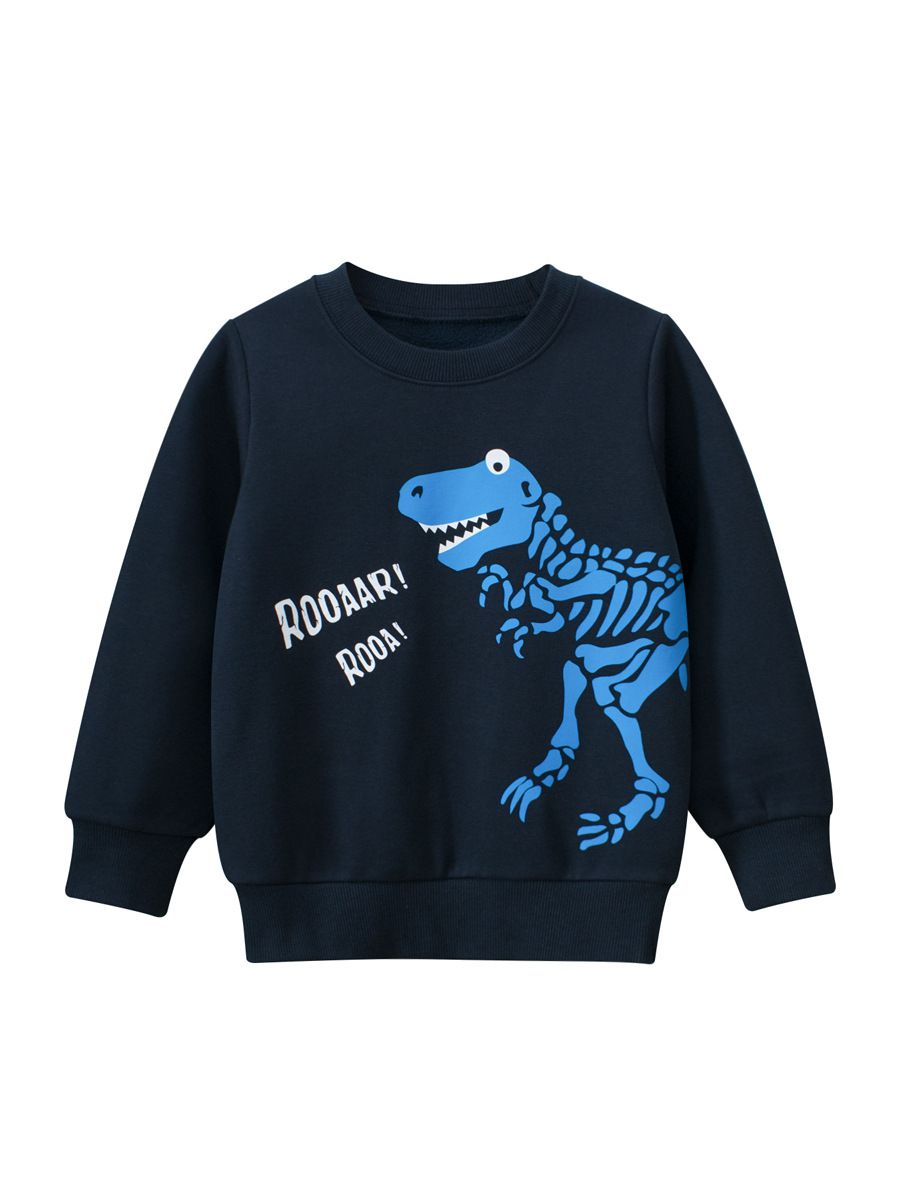 加絨棉質圓領長袖上衣/大學T-恐龍骨頭-深藍色