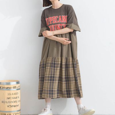 日本 Lupilien - 復古學院風 撞色格子拼接短袖洋裝-咖啡棕