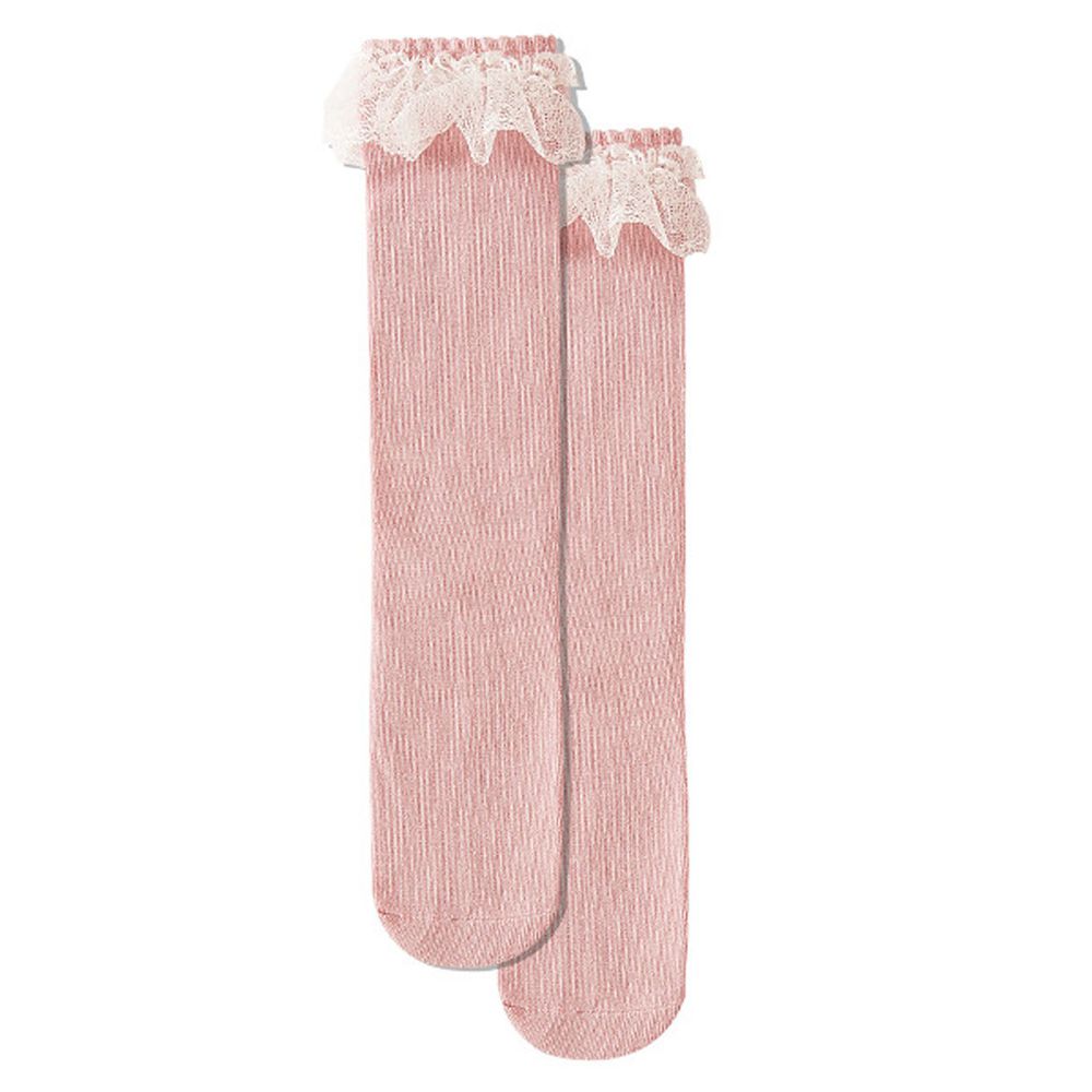 兒童高筒花邊素色襪子-粉色 (ONE SIZE (建議腳長16-21cm))