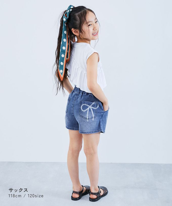 日本 devirock - Raku Denim蝴蝶結印花牛仔短褲-藍