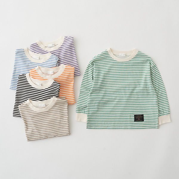 日本 b-ROOM - 100%棉 下擺品牌標籤條紋長袖上衣-黑