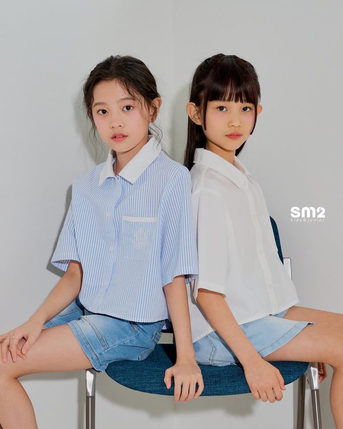 韓國 sm2 - 單口袋短版翻領襯衫-直紋-藍