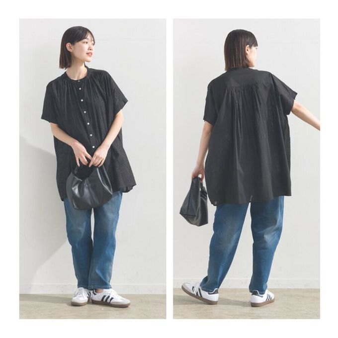 日本 OMNES - 100%棉 透膚感緹花短袖寬版襯衫-黑