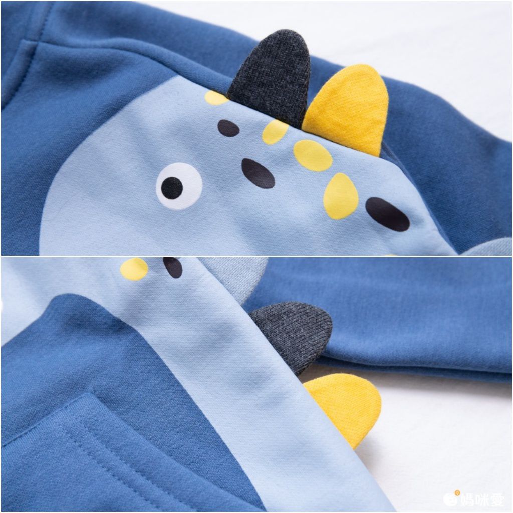 加絨棉混紡連帽外套-可愛恐龍-藍色